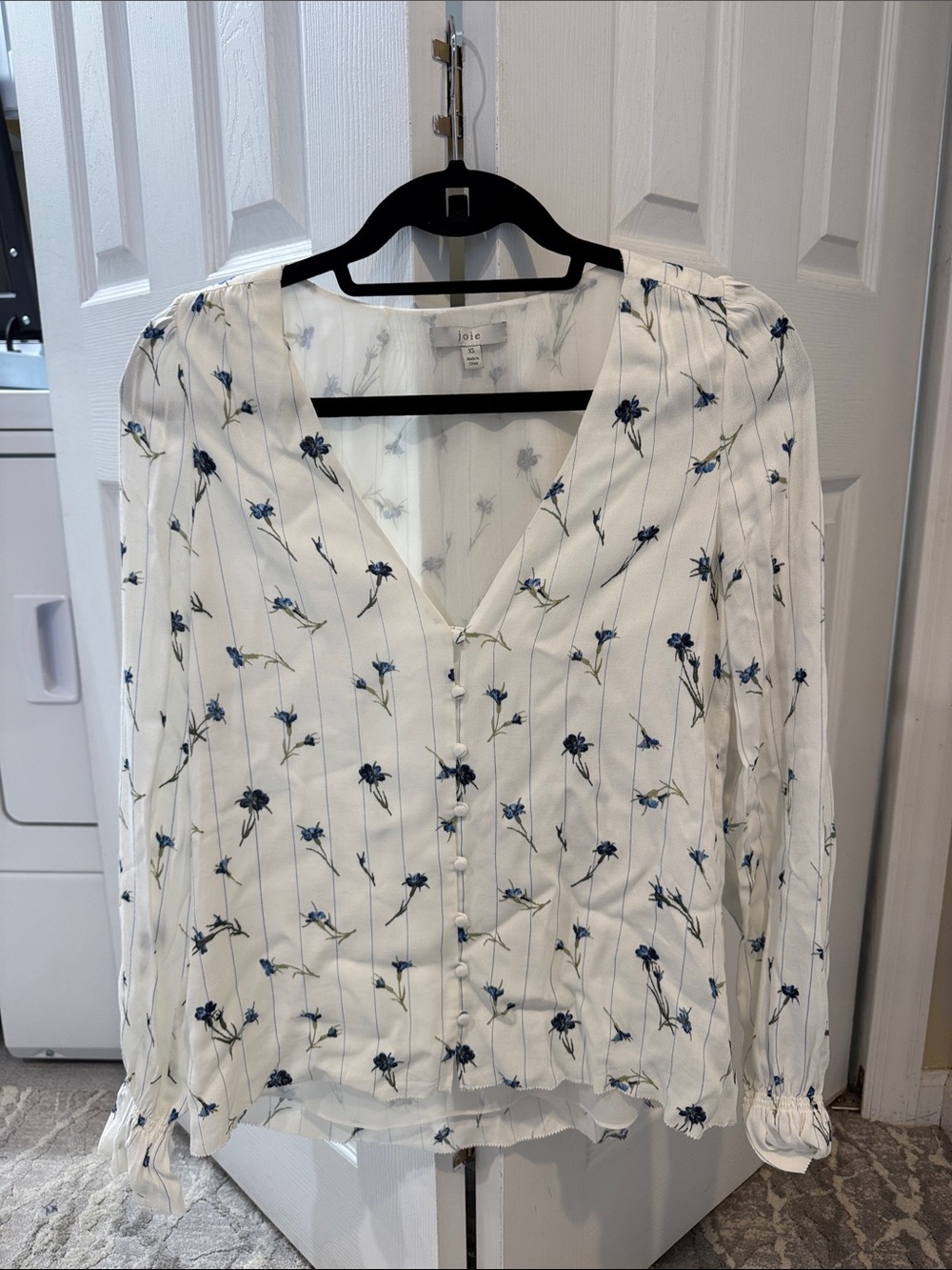 Joie Cream and Blue Floral V-Neck Button Blouse